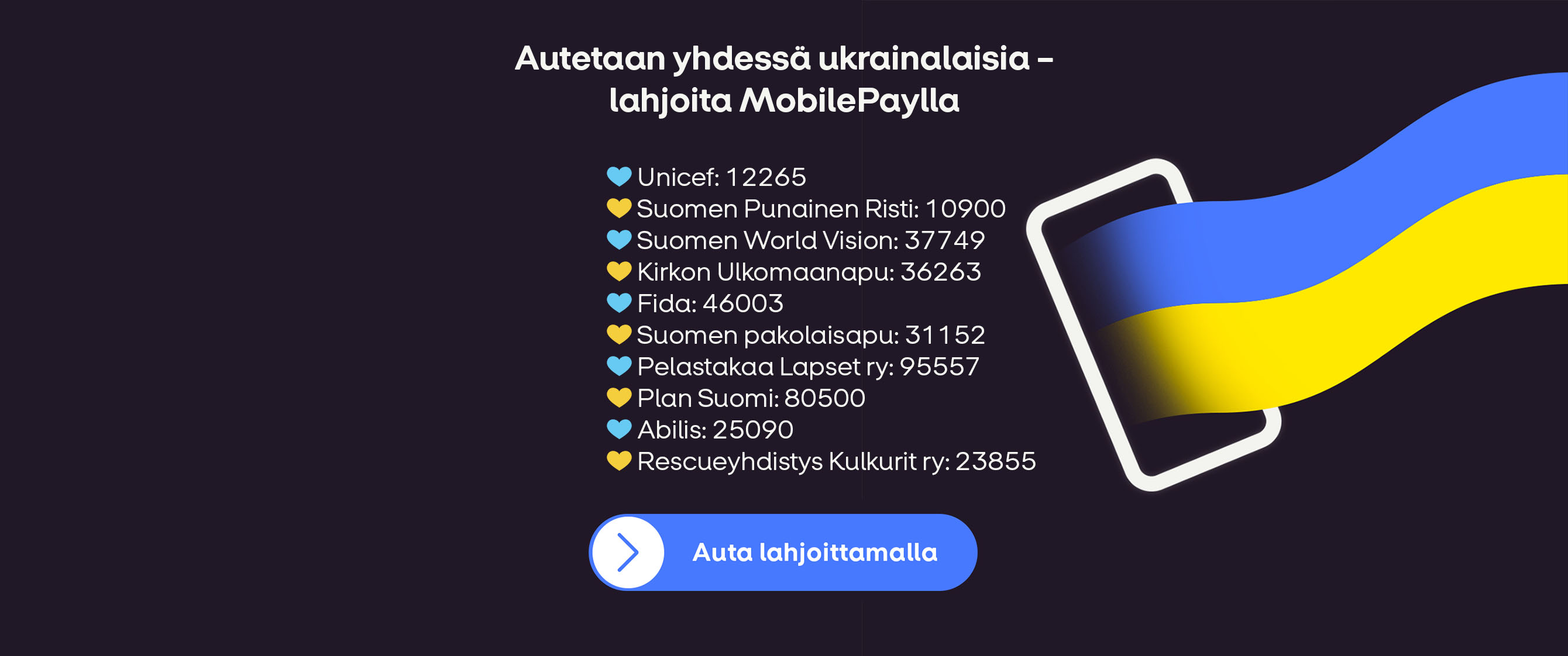 Autetaan yhdessä ukrainalaisia, lahjoita helposti MobilePaylla
