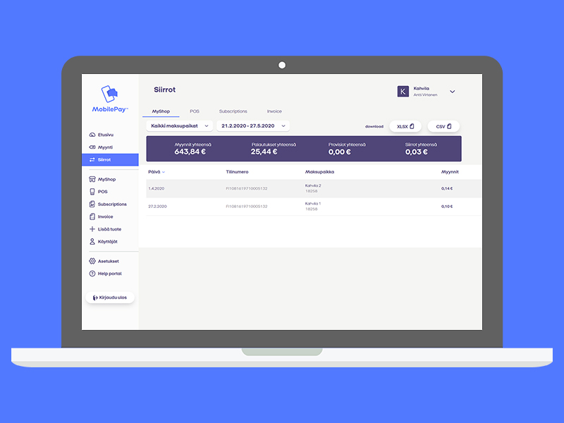 MobilePay-portaalin siirrot-sivu