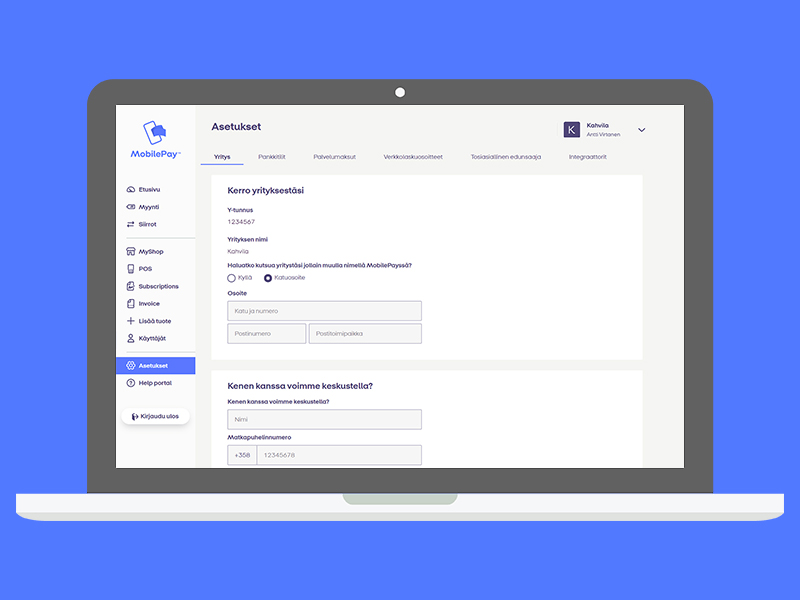 MobilePay-portaalin asetukset-sivu